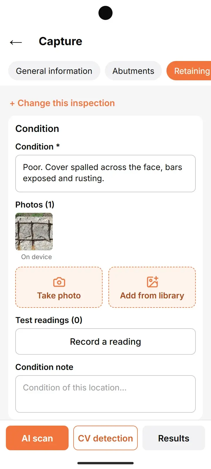The capture screen: the Retaining walls section of a bridge form, the condition typed in and the photo filed under it.