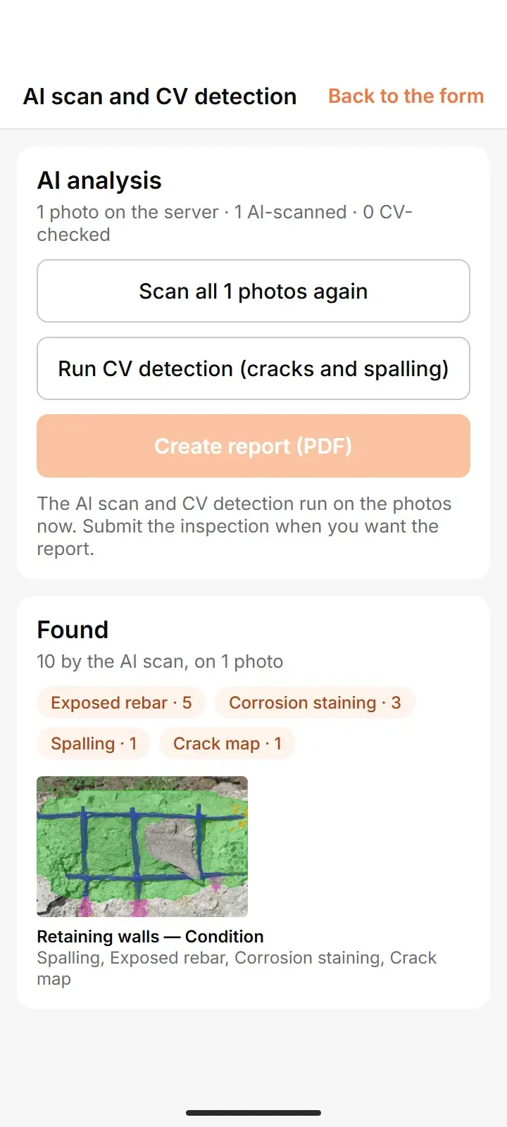 The results screen: 10 findings from the AI scan, listed as tags under the photo.